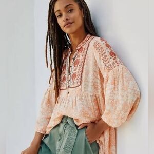 Anthropologie Claudia Embroidered Babydoll Tunic Dress Boho Floral Peach, Size S